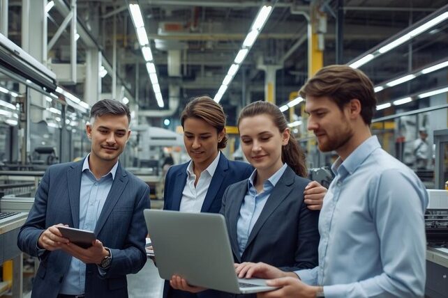 factory manager and production team using tablet and laptop on factory floor, modern manufacturing plant, ERP software in use, industrial environment, people working with machines, professional busine