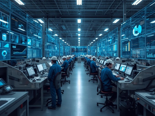 photorealistic factory controlled by ERP system, dashboards showing production, inventory and finance, workers operating machines, modern industrial environment, enterprise software, high resolution.j