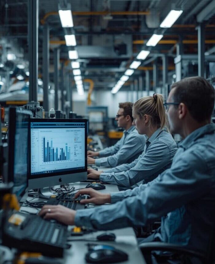 photorealistic modern factory, workers operating machines and checking ERP software on screens, industrial manufacturing, clean environment, professional corporate look, 4k, sharp focus