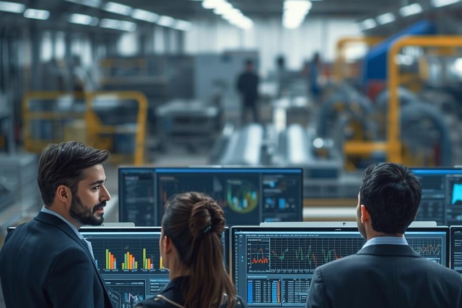 “photorealistic team of manufacturing and ERP experts reviewing data on screens, factory floor in background, industrial environment, enterprise software, professional corporate look, high resolution”